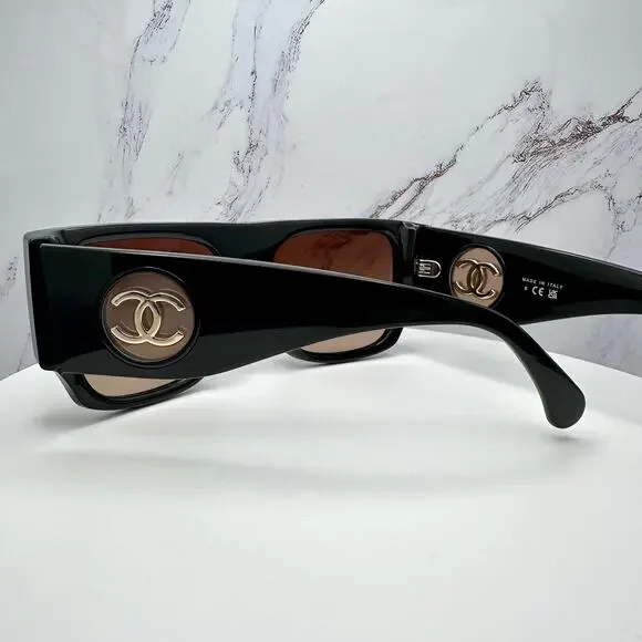CHANEL Sunglasses Black Square Shield Gold CC Gradient Brown Lens - Picture 7 of 16